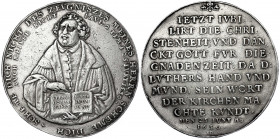 Reformation
Deutschland
Luther, Martin, *10.11.1483 Eisleben, +18.2.1546 Eisleben
Silbermedaille 1630 von Dadler, a.d. 100 Jf. der Augsburger Konfe...