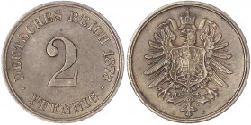 2 Pfennig kleiner Adler, Kupfer 1873-1877
1873 C. vorzüglich. Jaeger 2.