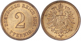2 Pfennig kleiner Adler, Kupfer 1873-1877
1874 A. fast Stempelglanz, Prachtexemplar. Jaeger 2.