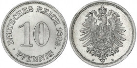 10 Pfennig kleiner Adler, Kupfer/Nickel 1873-1889
1889 E. Stempelglanz, Prachtexemplar. Jaeger 4.