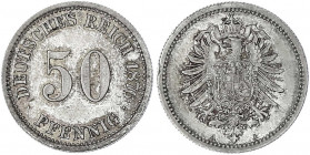 50 Pfennig kleiner Adler, Silber 1875-1877
1876 A. fast Stempelglanz, Prachtexemplar mit herrlicher Patina. Jaeger 7.