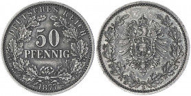 50 Pfennig kl. Adler Eichenzweige Silber 1877-1878
1877 B. vorzüglich/Stempelglanz, schöne Patina. Jaeger 8.