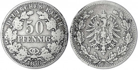 50 Pfennig kl. Adler Eichenzweige Silber 1877-1878
1878 E. schön/sehr schön, selten. Jaeger 8.