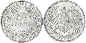 50 Pfennig gr. Adler Eichenzweige Silb. 1896-1903
1898 A. vorzüglich/Stempelglanz, min. Kratzer. Jaeger 15.