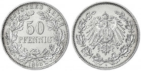 50 Pfennig gr. Adler Eichenzweige Silb. 1896-1903
1898 A. gutes vorzüglich, min. berieben. Jaeger 15.