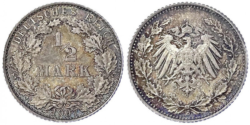 1/2 Mark gr. Adler Eichenzweige, Silber 1905-1919
1907 D. Polierte Platte, schö...