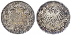 1/2 Mark gr. Adler Eichenzweige, Silber 1905-1919
1907 D. Polierte Platte, schöne Patina. Jaeger 16.