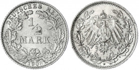 1/2 Mark gr. Adler Eichenzweige, Silber 1905-1919
1908 D. vorzüglich/Stempelglanz. Jaeger 16.