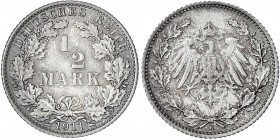 1/2 Mark gr. Adler Eichenzweige, Silber 1905-1919
1911 E. Stempelglanz, Prachtexemplar mit herrlicher Patina. Jaeger 16.
