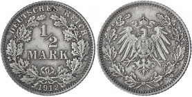 1/2 Mark gr. Adler Eichenzweige, Silber 1905-1919
1912 E. fast Stempelglanz, Prachtexemplar mit schöner Patina. Jaeger 16.
