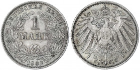 1 Mark großer Adler, Silber 1891-1916
1902 E. fast Stempelglanz, Prachtexemplar mit schöner Patina. Jaeger 17.