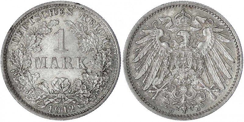 1 Mark großer Adler, Silber 1891-1916
1912 D. Stempelglanz, Prachtexemplar mit ...