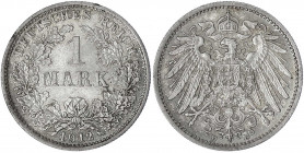 1 Mark großer Adler, Silber 1891-1916
1912 D. Stempelglanz, Prachtexemplar mit herrlicher Patina. Jaeger 17.