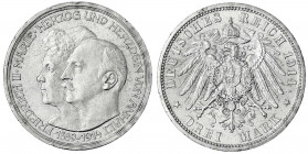 Anhalt
Friedrich II., 1904-1918
3 Mark 1914 A. Silberne Hochzeit.
vorzüglich/Stempelglanz. Jaeger 24.