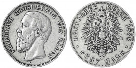 Baden
Friedrich I., 1856-1907
5 Mark 1888 G. A ohne Querstrich.
sehr schön, kl. Randfehler. Jaeger 27 F.