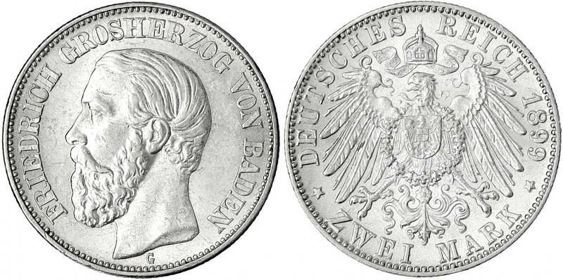 Baden
Friedrich I., 1856-1907
2 Mark 1899 G. vorzüglich/Stempelglanz, selten i...