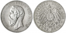 Baden
Friedrich I., 1856-1907
5 Mark 1891 G. A mit Querstrich.
gutes vorzüglich. Jaeger 29.