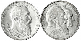 Baden
Friedrich I., 1856-1907
2 X 2 Mark: 1902 Jubiläum und 1906 Goldene Hochzeit. beide Stempelglanz. Jaeger 30,34.