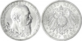 Baden
Friedrich I., 1856-1907
5 Mark 1902. 50 jähriges Regierungsjubiläum.
Stempelglanz, Prachtexemplar. Jaeger 31.