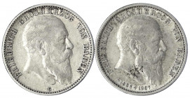 Baden
Friedrich I., 1856-1907
2 Stück: 2 Mark 1905 und 1907 a.d. Tod. beide sehr schön, einmal Randfehler. Jaeger 32 und 36.