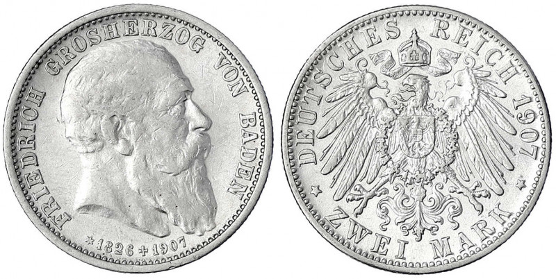 Baden
Friedrich I., 1856-1907
2 Mark 1907. Auf seinen Tod.
fast vorzüglich. J...