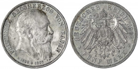 Baden
Friedrich I., 1856-1907
5 Mark 1907. Auf seinen Tod.
fast Stempelglanz aus Erstabschlag, schöne Patina. Jaeger 37.