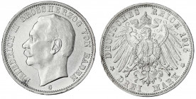 Baden
Friedrich II., 1907-1918
3 Mark 1915 G. Seltenes Jahr.
gutes vorzüglich, kl. Randfehler. Jaeger 39.