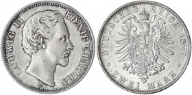 Bayern
Ludwig II., 1864-1886
2 Mark 1877 D. fast Stempelglanz, feine Patina. Jaeger 41.