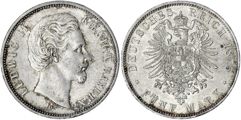 Bayern
Ludwig II., 1864-1886
5 Mark 1875 D. fast Stempelglanz, feine Patina. J...