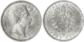Bayern
Ludwig II., 1864-1886
5 Mark 1875 D. fast Stempelglanz, feine Patina. Jaeger 42.