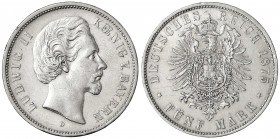 Bayern
Ludwig II., 1864-1886
5 Mark 1875 D. vorzüglich, kl. Kratzer. Jaeger 42.