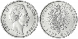 Bayern
Ludwig II., 1864-1886
5 Mark 1876 D. fast vorzüglich. Jaeger 42.