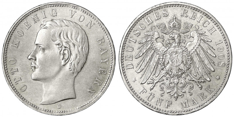 Bayern
Otto, 1886-1913
5 Mark 1908 D. gutes vorzüglich, winz. Randfehler. Jaeg...