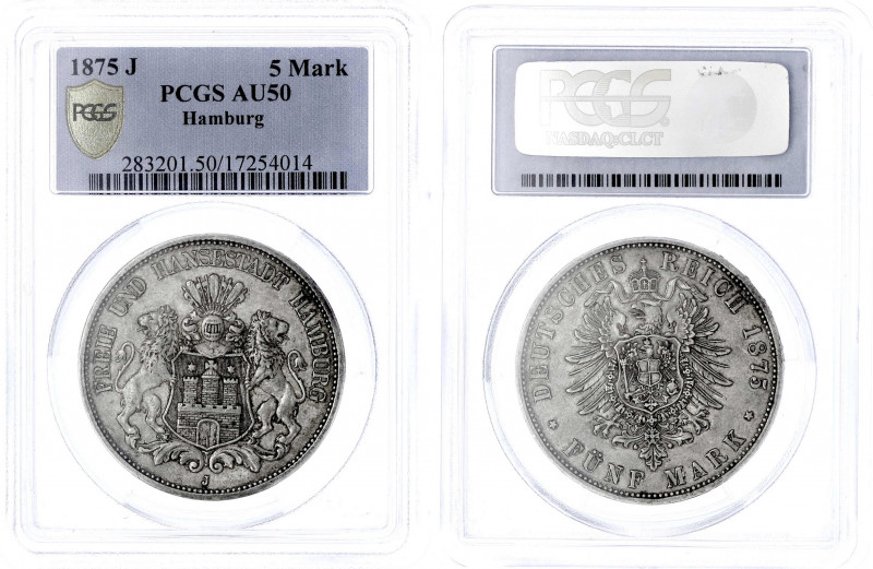 Hamburg
5 Mark 1875 J. Im PCGS-Blister mit Grading AU 50.
gutes vorzüglich. Ja...