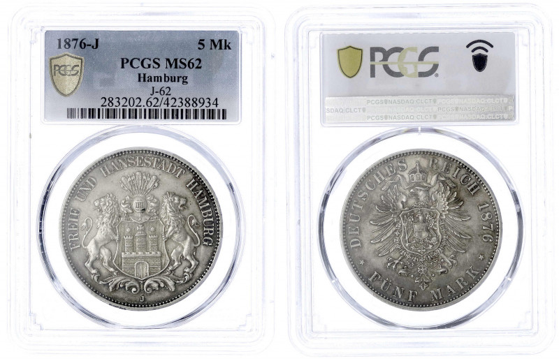 Hamburg
5 Mark 1876 J. Im PCGS-Blister mit Grading MS 62.
vorzüglich/Stempelgl...