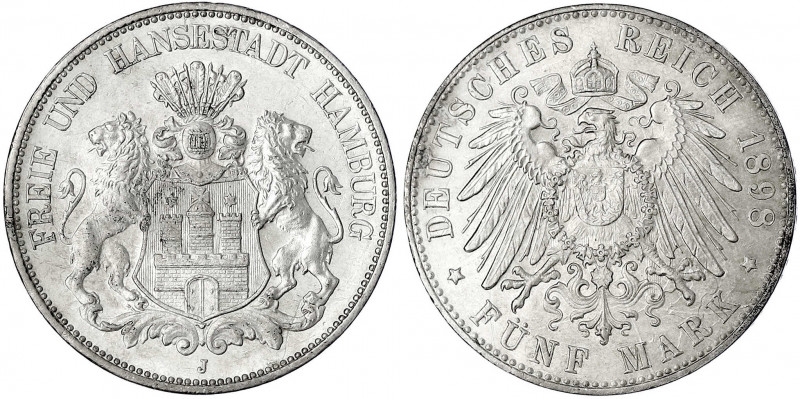 Hamburg
5 Mark 1898 J. vorzüglich/Stempelglanz. Jaeger 65.