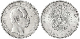Hessen
Ludwig III., 1848-1877
5 Mark 1875 H. fast sehr schön. Jaeger 67.