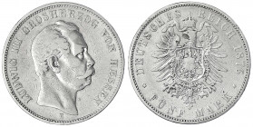 Hessen
Ludwig III., 1848-1877
5 Mark 1876 H. fast sehr schön, kl. Randfehler. Jaeger 67.