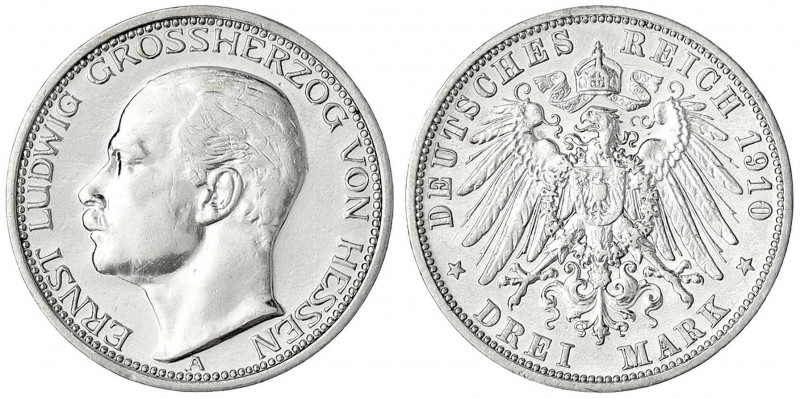 Hessen
Ernst Ludwig, 1892-1918
3 Mark 1910 A. vorzüglich, etwas berieben. Jaeg...