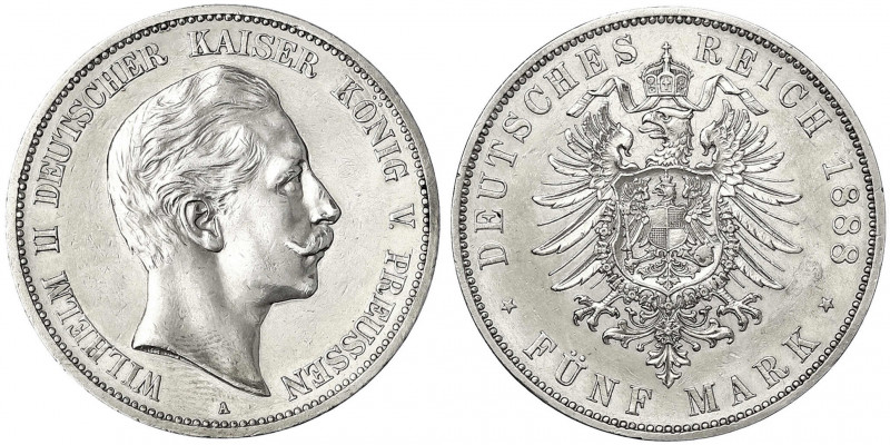 Preußen
Wilhelm II., 1888-1918
5 Mark 1888 A. Felder der Vs. etwas geglättet, ...