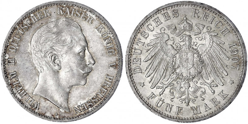 Preußen
Wilhelm II., 1888-1918
5 Mark 1907 A. fast Stempelglanz, schöne Patina...