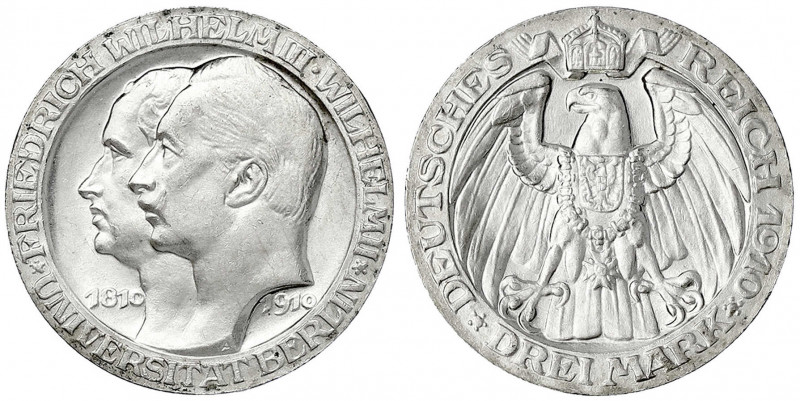 Preußen
Wilhelm II., 1888-1918
3 Mark 1910 A, Uni Berlin.
fast Stempelglanz, ...