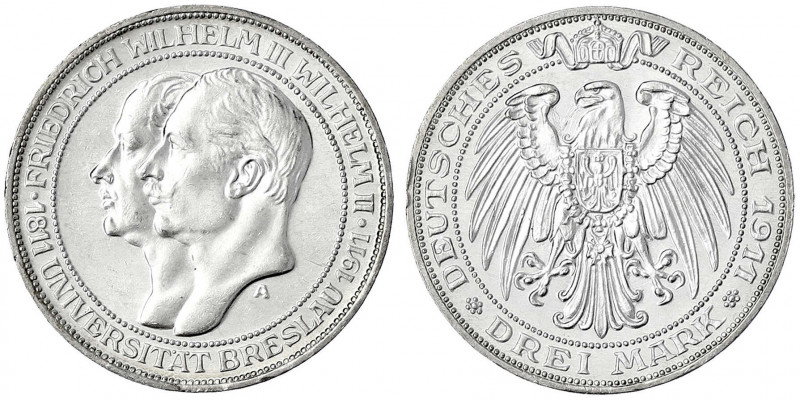 Preußen
Wilhelm II., 1888-1918
3 Mark 1911 A. Universität Breslau.
fast Stemp...