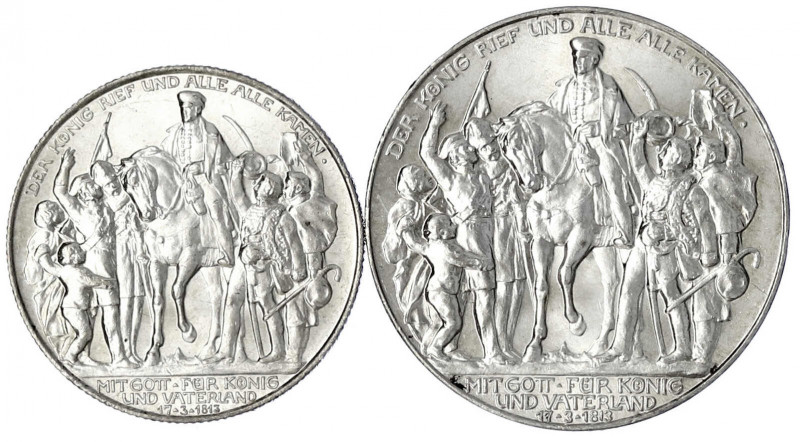 Preußen
Wilhelm II., 1888-1918
2 und 3 Mark 1913, Befreiungskampf.
beide präg...