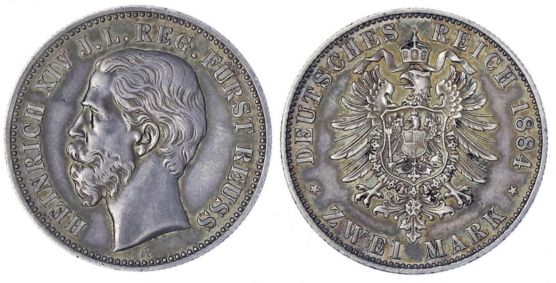 Reuß, jüngere Linie
Heinrich XIV., 1867-1913
2 Mark 1884 A. fast vorzüglich, s...