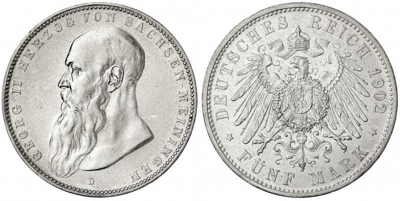 Sachsen-Meiningen
Georg II., 1866-1914
5 Mark 1902 D. Bart berührt Perlkreis n...