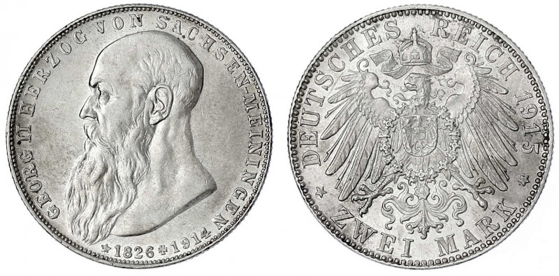 Sachsen-Meiningen
Georg II., 1866-1914
2 Mark 1915. Auf seinen Tod.
vorzüglic...