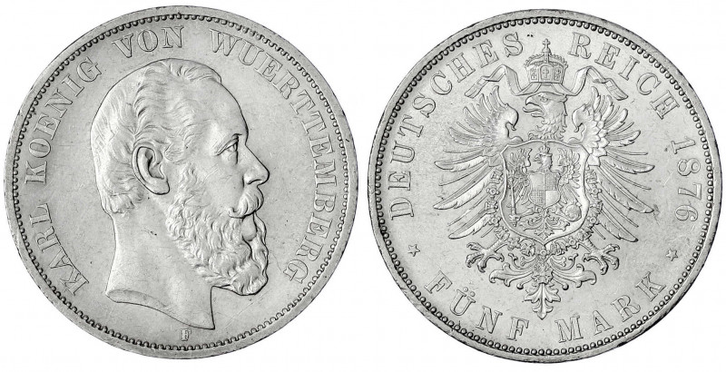 Württemberg
Karl, 1864-1891
5 Mark 1876 F. prägefrisch/fast Stempelglanz, winz...