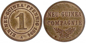 Deutsch-Neuguinea
Neuguinea Compagnie
1 Neuguinea Pfennig 1894 A. fast Stempelglanz, selten in dieser Erhaltung. Jaeger 701.