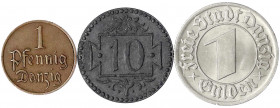 Danzig, Freie Stadt
3 Münzen: 1 Gulden 1932, 10 Pfennig 1920 kleine Wertzahl, 1 Pfennig 1929.
sehr schön bis vorzüglich